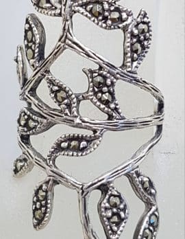 Sterling Silver Marcasite Large / Long Ornate Leaf Design Ring