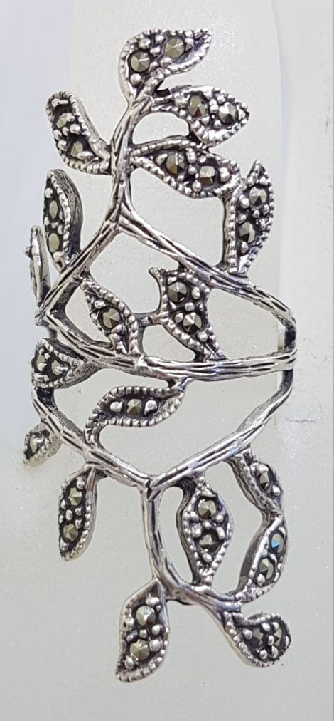 Sterling Silver Marcasite Large / Long Ornate Leaf Design Ring