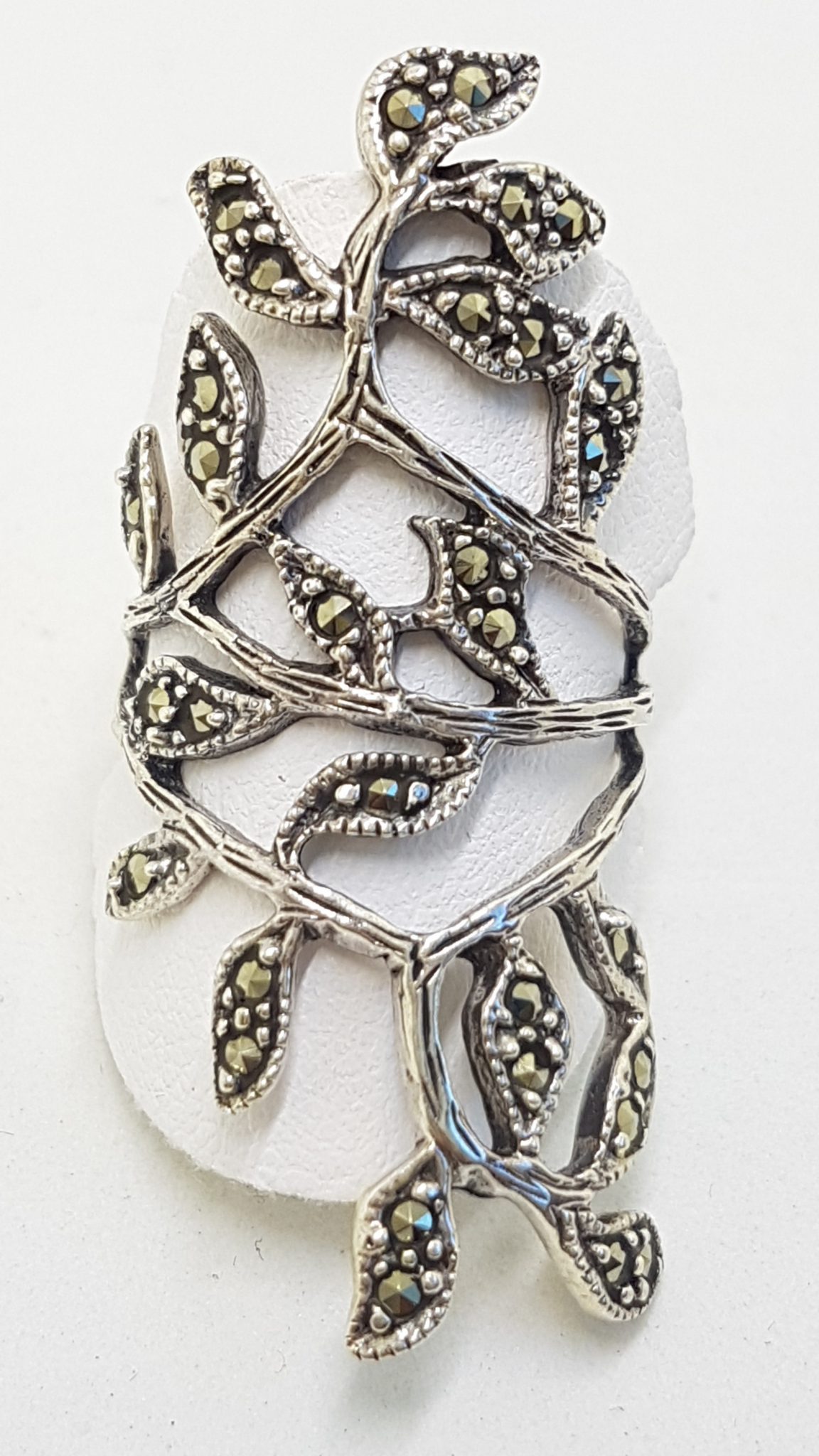 Sterling Silver Marcasite Large / Long Ornate Leaf Design Ring
