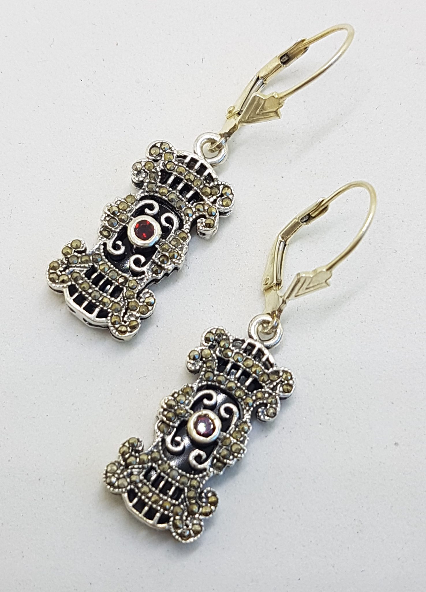 Sterling Silver Marcasite, Onyx and Garnet Ornate Rectangular Drop Earrings
