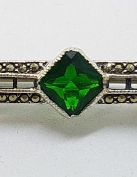 Sterling Silver Marcasite, Cubic Zirconia and Green Art Deco Style Bar Brooch