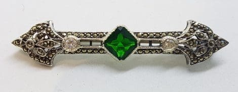 Sterling Silver Marcasite, Cubic Zirconia and Green Art Deco Style Bar Brooch