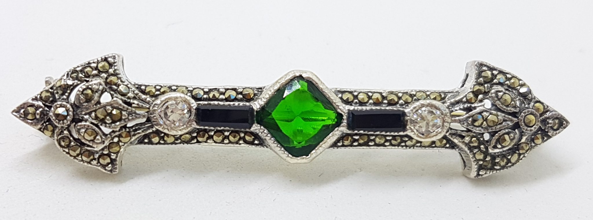 20200809_094056 Sterling Silver Marcasite, Onyx, Cubic Zirconia and Green Art Deco Style Bar Brooch