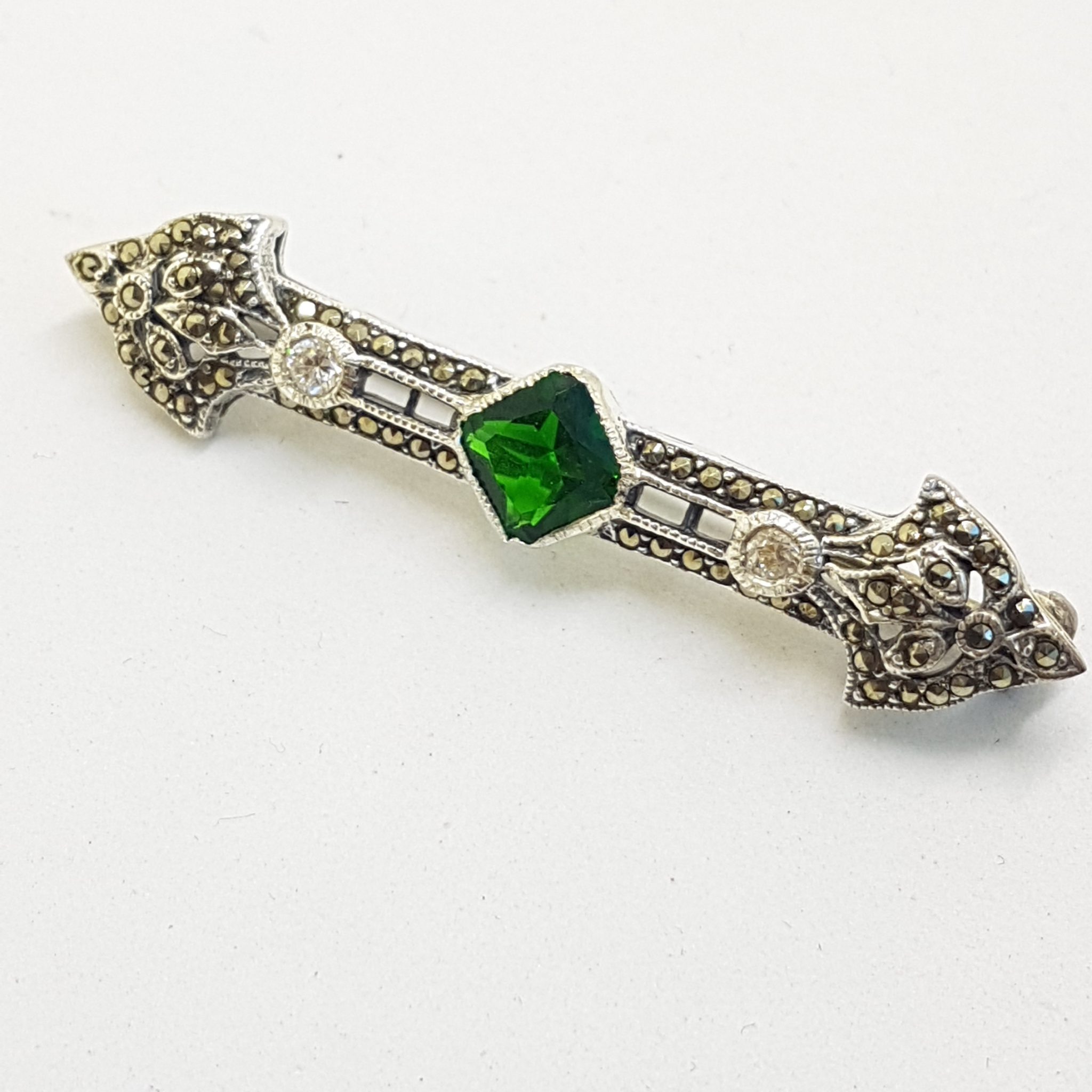 20200809_094109 Sterling Silver Marcasite, Cubic Zirconia and Green Art Deco Style Bar Brooch