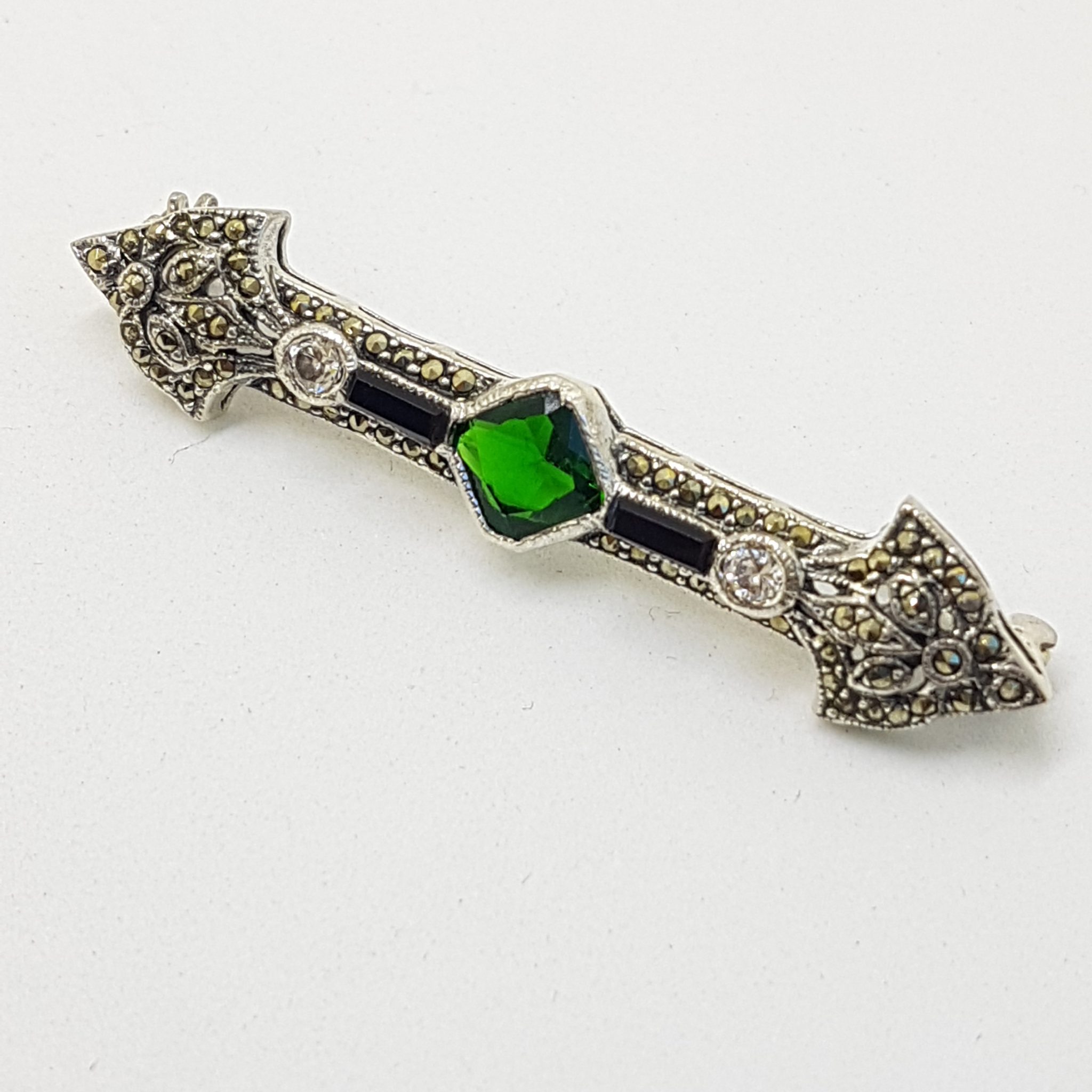 20200809_094120 Sterling Silver Marcasite, Onyx, Cubic Zirconia and Green Art Deco Style Bar Brooch