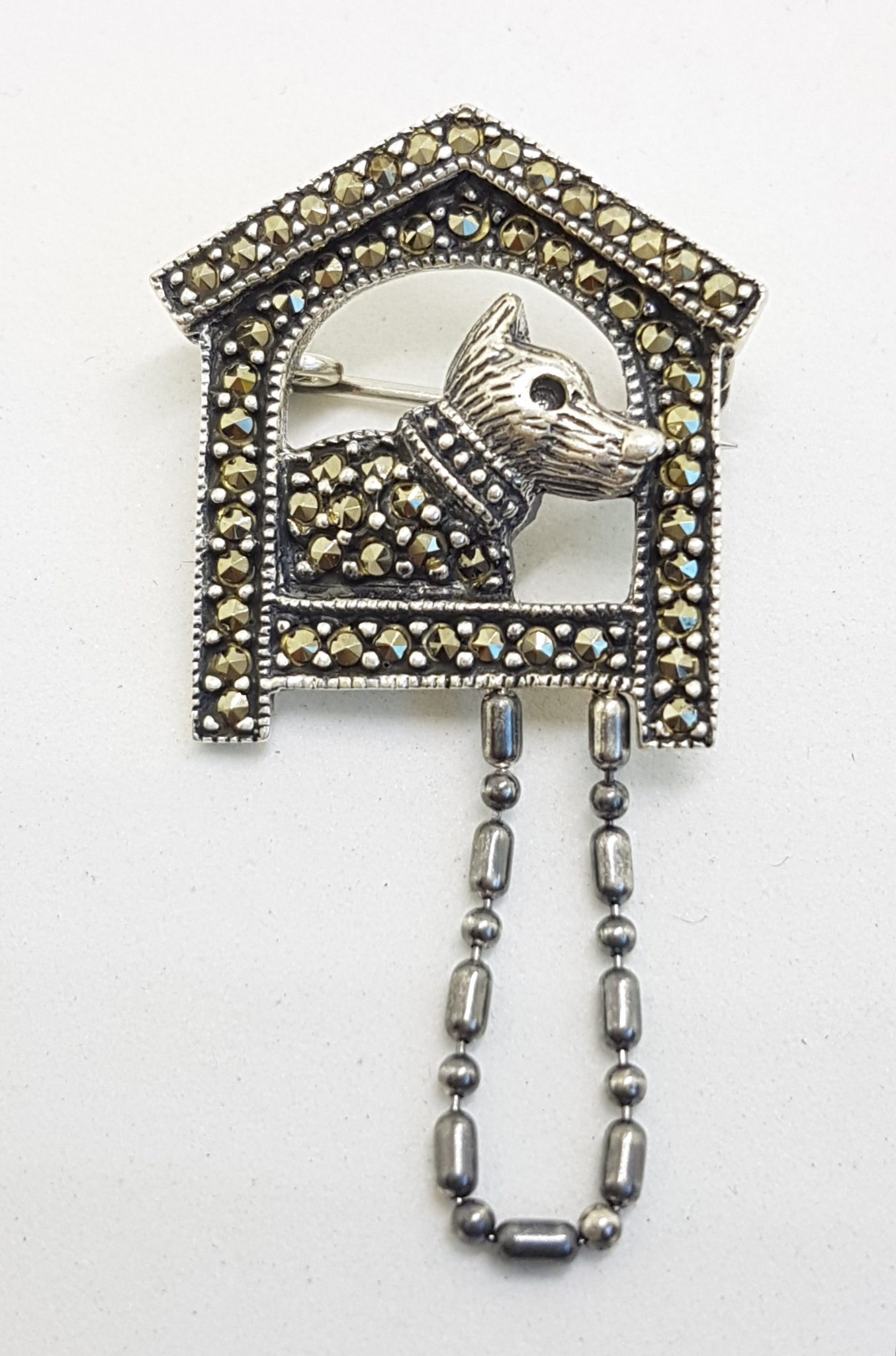 20200809_094136 Sterling Silver Marcasite Dog in Kennel / Dog House Brooch