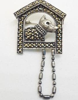 Sterling Silver Marcasite Dog in Kennel / Dog House Brooch
