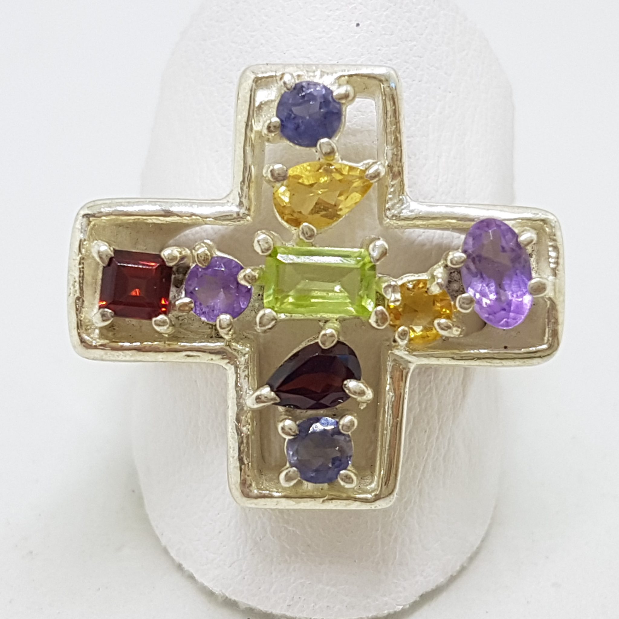 Sterling Silver Large Multi-Coloured Gemstones Cross/Crucifix Cluster Ring *SOLD*