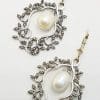 Sterling Silver Marcasite Pearl Large Ornate Drop Earrings