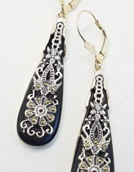 Sterling Silver Marcasite, Onyx and Garnet Long Ornate Drop Earrings