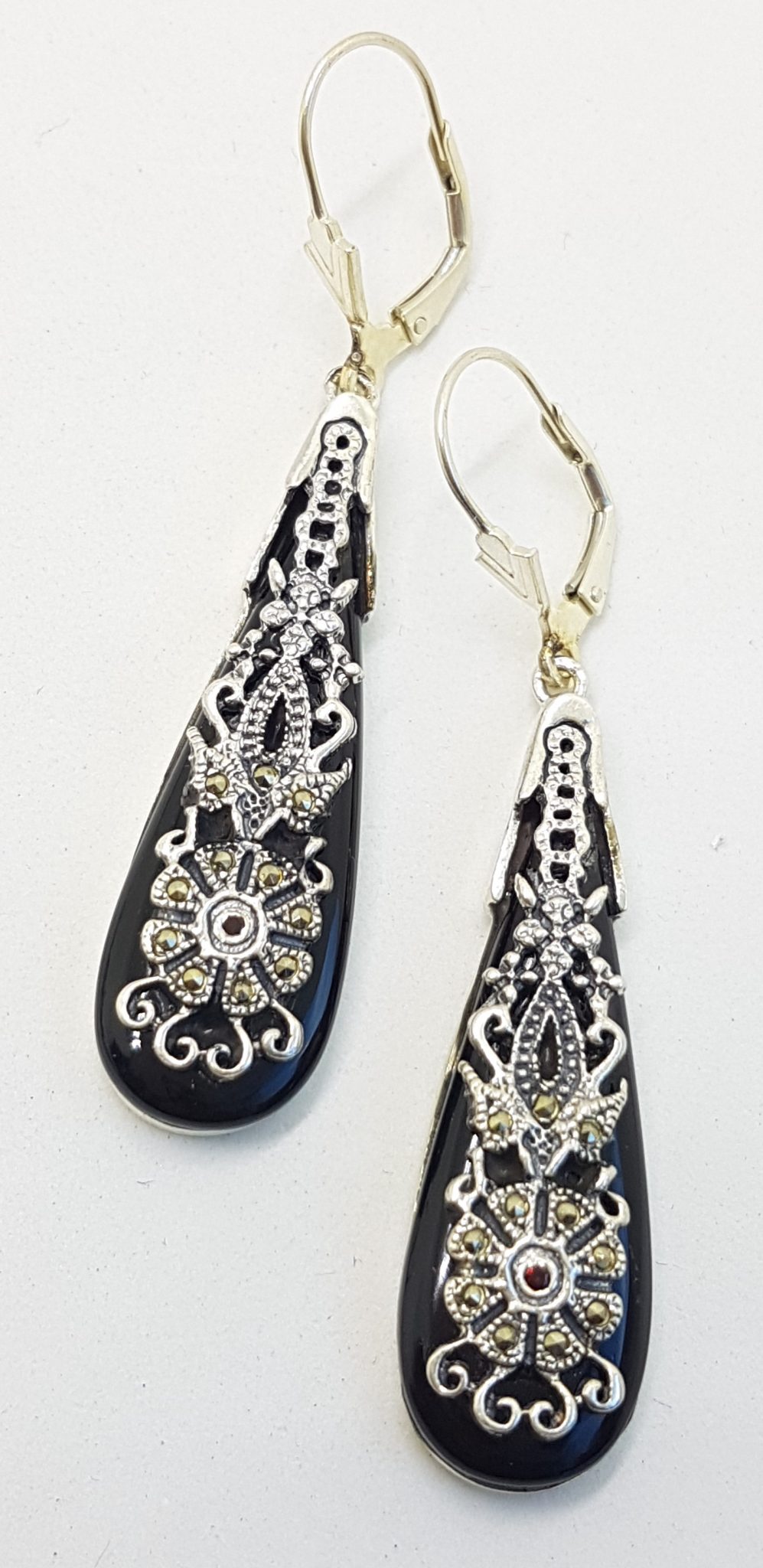 Sterling Silver Marcasite, Onyx and Garnet Long Ornate Drop Earrings