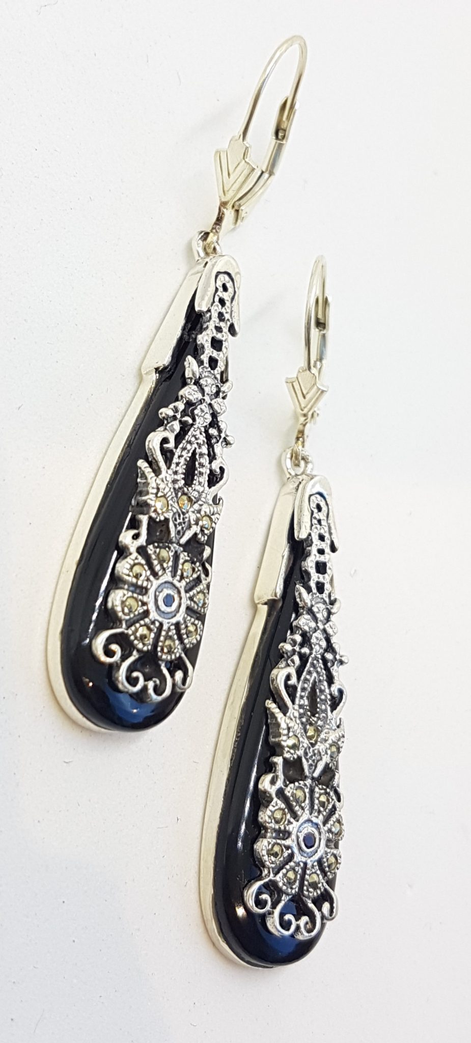 Sterling Silver Marcasite, Onyx and Garnet Long Ornate Drop Earrings