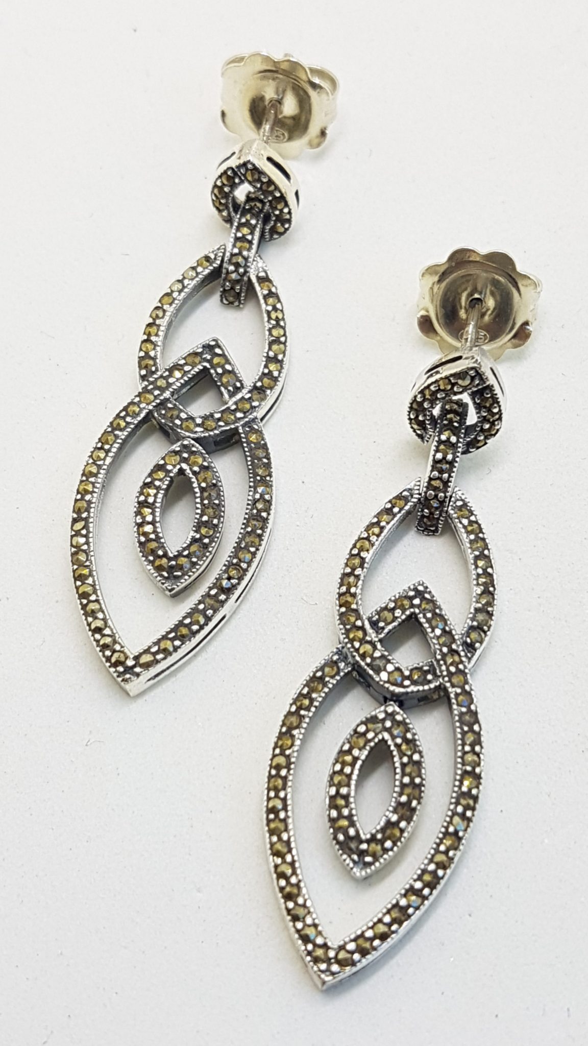 Sterling Silver Marcasite Very Long Marquis Diamond Shape Drop Earrings