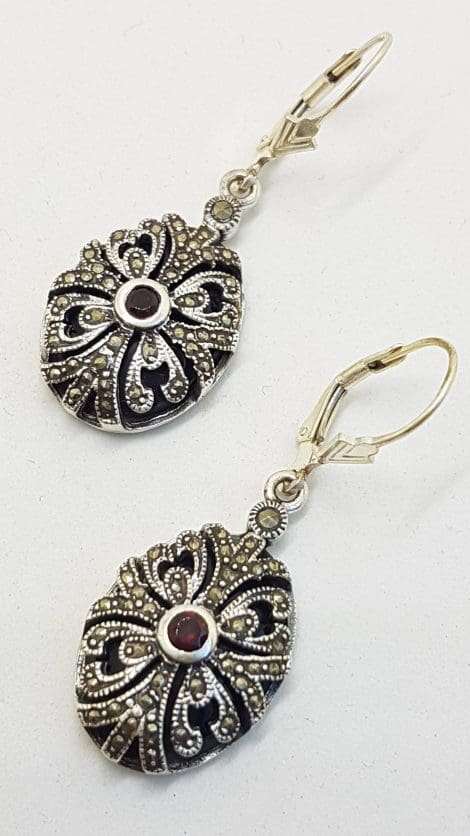 Sterling Silver Marcasite, Onyx and Garnet Ornate Oval Drop Earrings