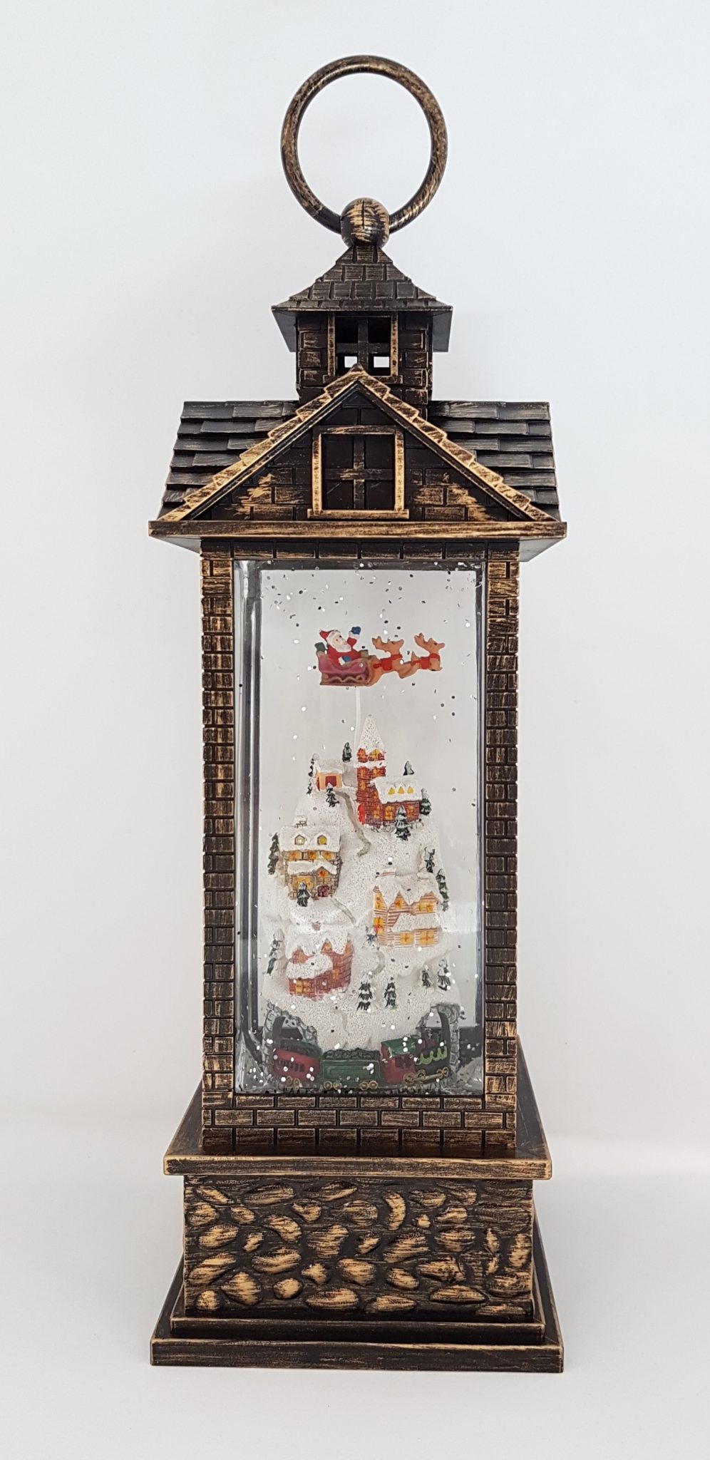 Christmas Glitter Lantern – Santa / Father Christmas in a Sleigh above Houses / Town – Christmas Ornament Design #8