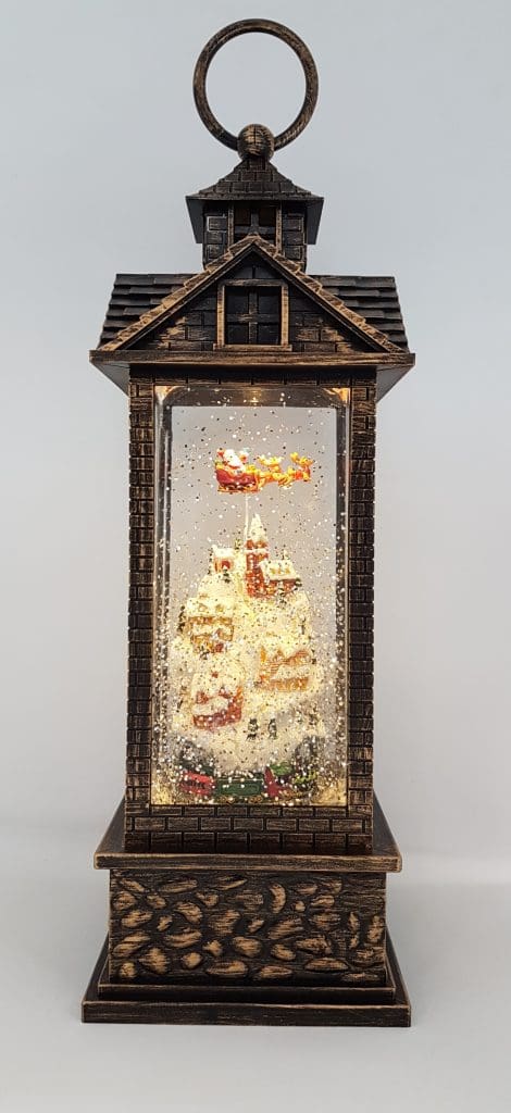 Christmas Glitter Lantern – Santa / Father Christmas in a Sleigh above Houses / Town – Christmas Ornament Design #8