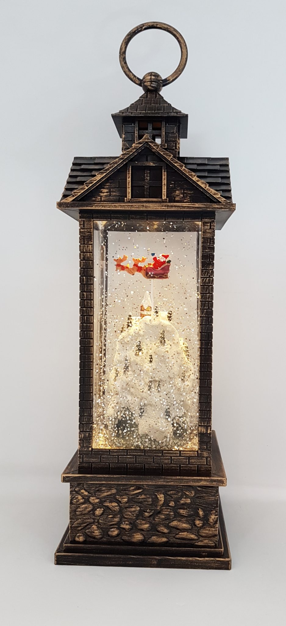 Christmas Glitter Lantern – Santa / Father Christmas in a Sleigh above Houses / Town – Christmas Ornament Design #8