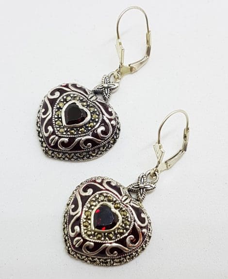Sterling Silver Marcasite, Enamel and Garnet Ornate Large Heart Drop Earrings