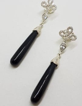 Sterling Silver Black and Cubic Zirconia Ornate Long Drop Earrings