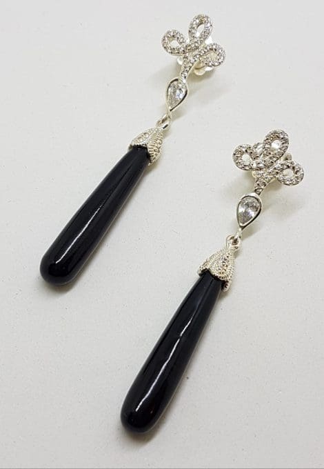 Sterling Silver Black and Cubic Zirconia Ornate Long Drop Earrings