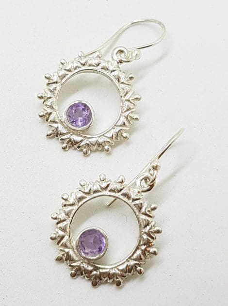 Sterling Silver Amethyst in Ornate Circle Drop Earrings