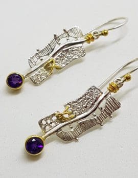 Sterling Silver & Gold Plate Amethyst in Ornate Long Drop Earrings