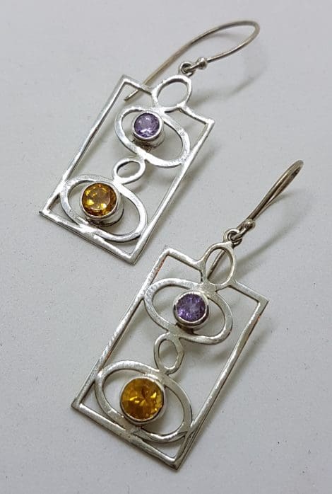 Sterling Silver Large Rectangular Amethyst and Citrine Drop Earrings