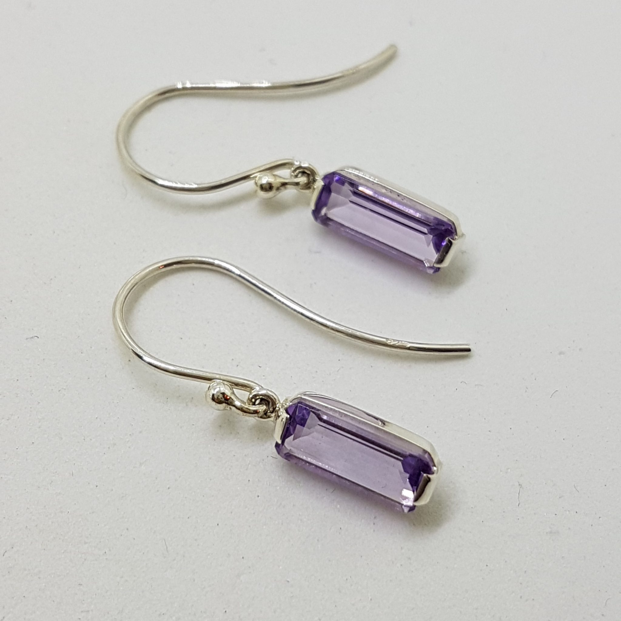 Sterling Silver Rectangular Amethyst Drop Earrings