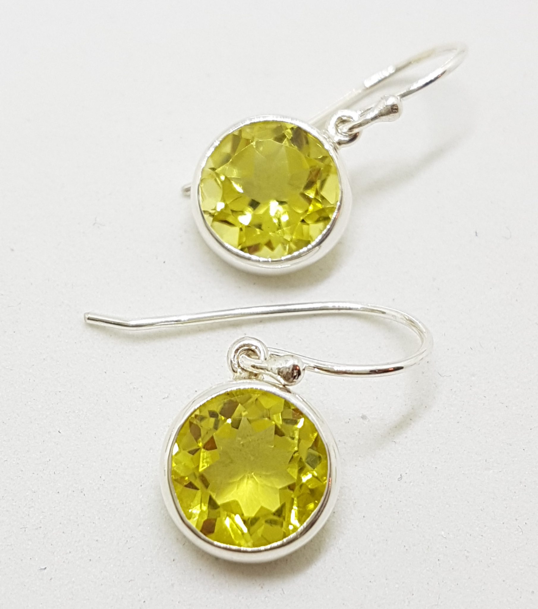 Sterling Silver Lemon Citrine / Quartz Round Bezel Set Drop Earrings