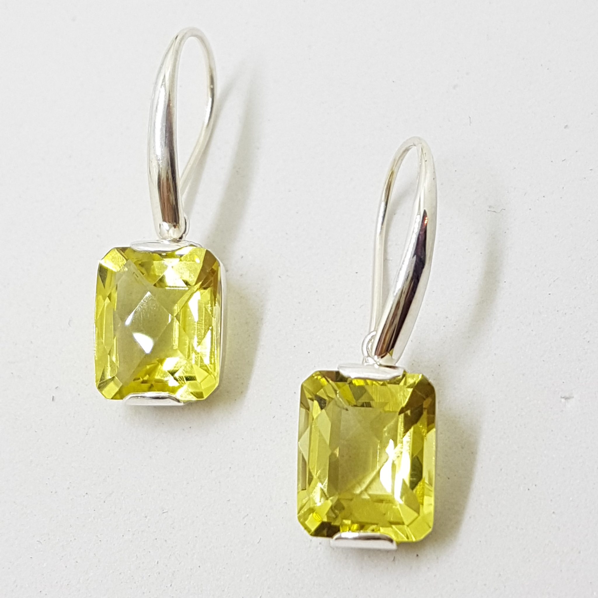 Sterling Silver Lemon Citrine / Quartz Rectangular Drop Earrings