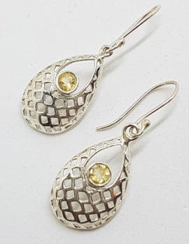 Sterling Silver Citrine Ornate Pear Shape / Teardrop Drop Earrings