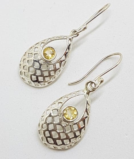 Sterling Silver Citrine Ornate Pear Shape / Teardrop Drop Earrings