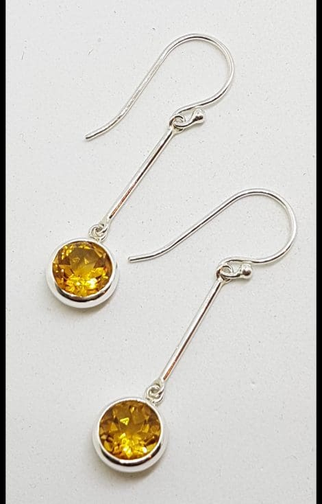 Sterling Silver Citrine Round Bezel Set Long Line Drop Earrings ID: 30830