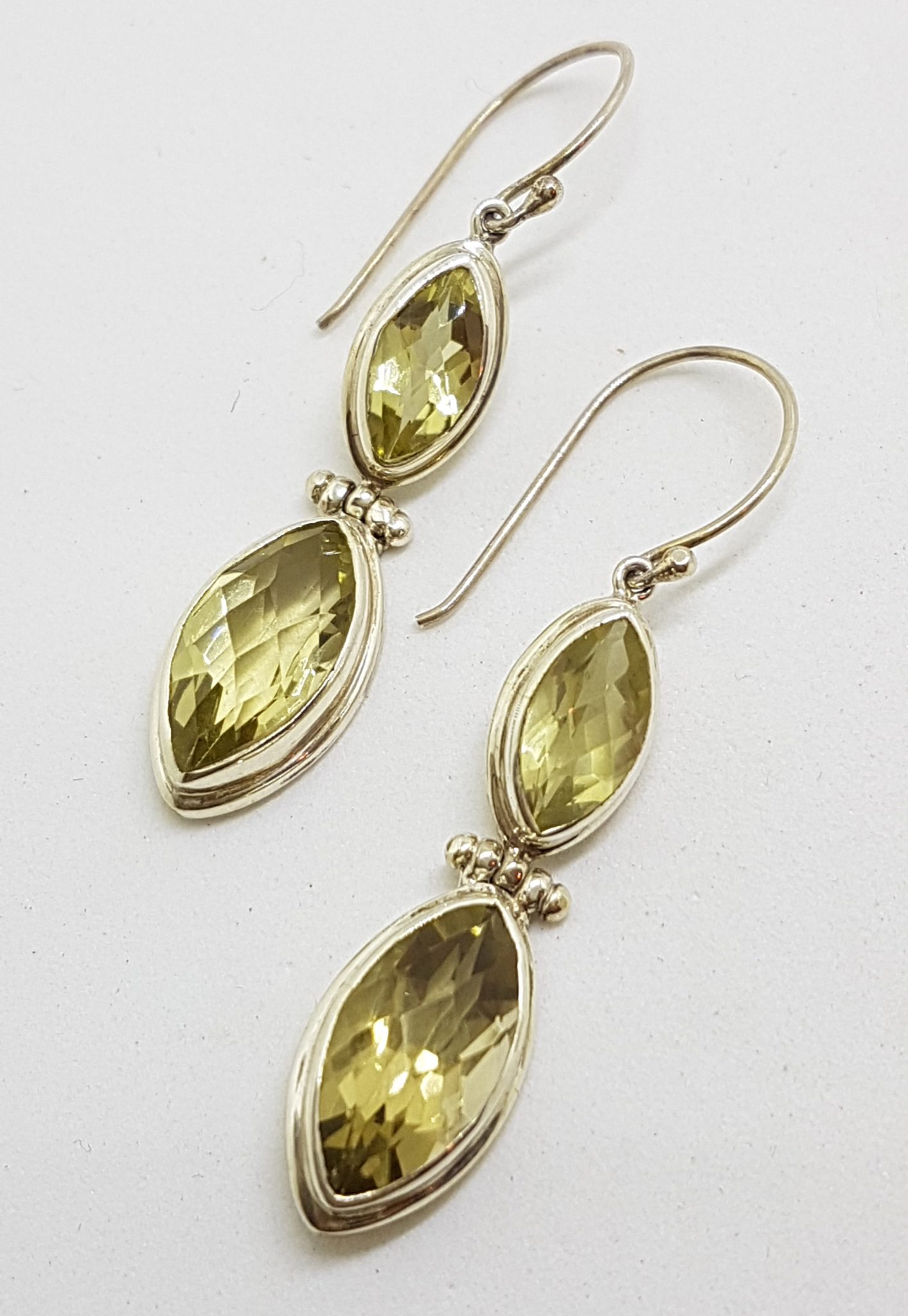 Sterling Silver Citrine Marquis Shape Bezel Set Long Drop Earrings