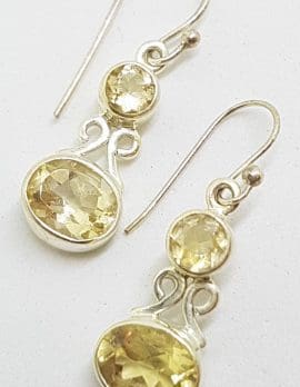 Sterling Silver Citrine Oval & Round Ornate Drop Earrings