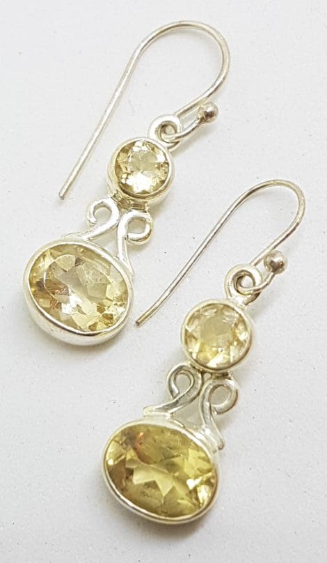 Sterling Silver Citrine Oval & Round Ornate Drop Earrings