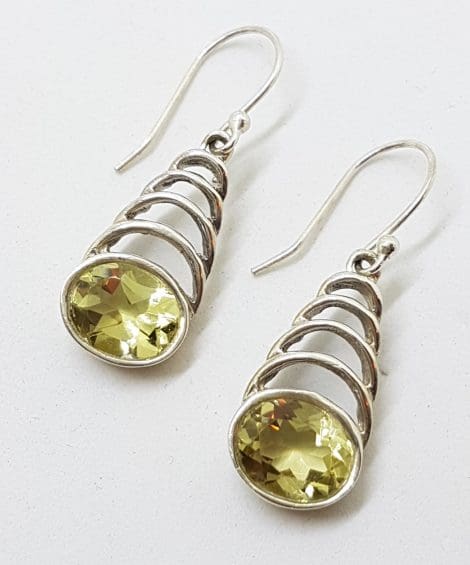 Sterling Silver Citrine Oval Ornate Curved Drop Earrings