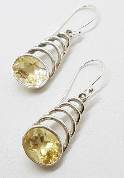 Sterling Silver Citrine Oval Ornate Curved Drop Earrings