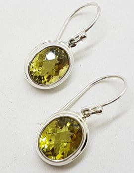 Sterling Silver Oval Bezel Set Lemon Citrine / Quartz Drop Earrings
