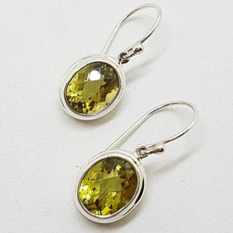 Sterling Silver Oval Bezel Set Lemon Citrine / Quartz Drop Earrings