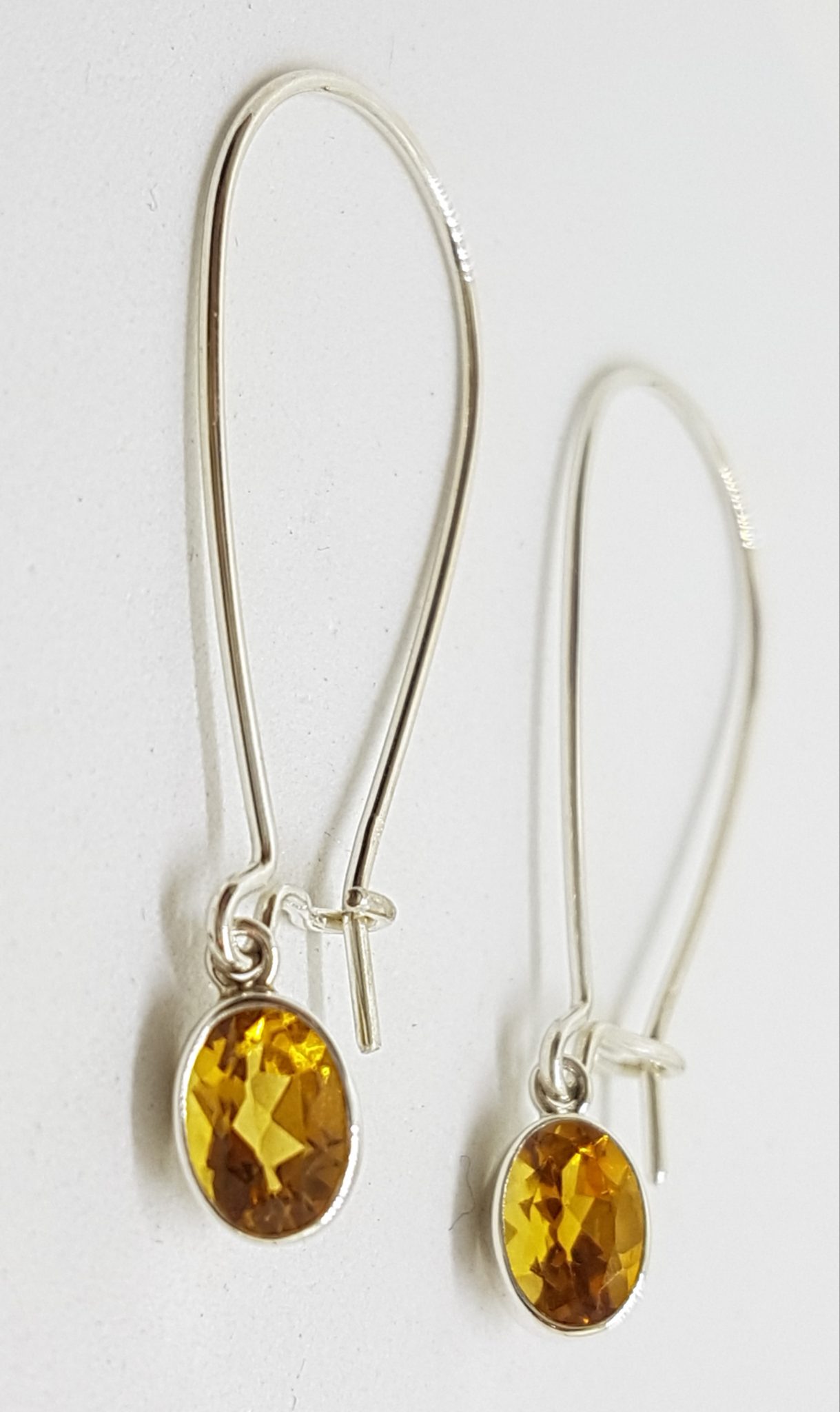 Sterling Silver Oval Bezel Set Citrine Long Hoop Drop Earrings