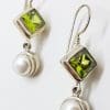 Sterling Silver Square Peridot and Pearl Long Drop Earrings