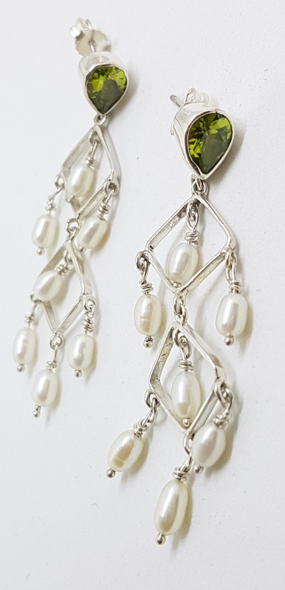 20200809_124538 Sterling Silver Peridot and Pearl Long Drop Earrings
