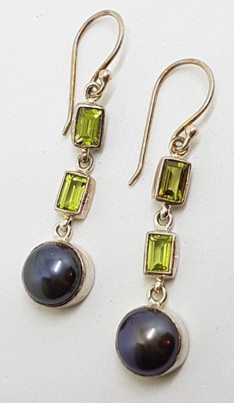 Sterling Silver Peridot and Black Pearl Long Drop Earrings