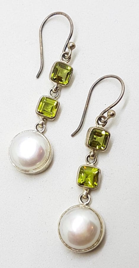 Sterling Silver Peridot and Pearl Long Drop Earrings