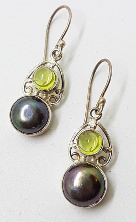 Sterling Silver Peridot and Black Pearl Ornate Drop Earrings