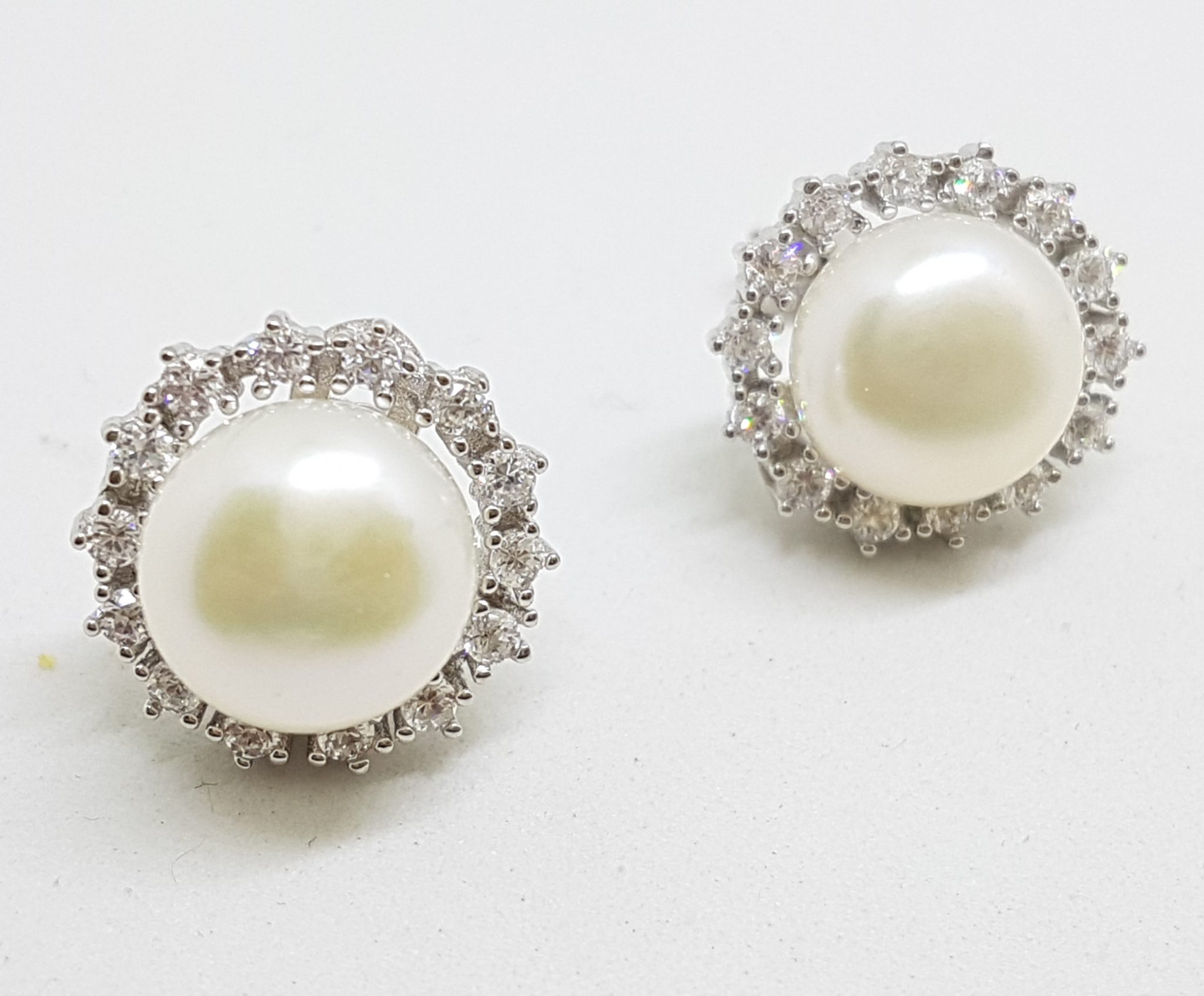Sterling Silver Round Cluster Pearl and Cubic Zirconia Stud Earrings