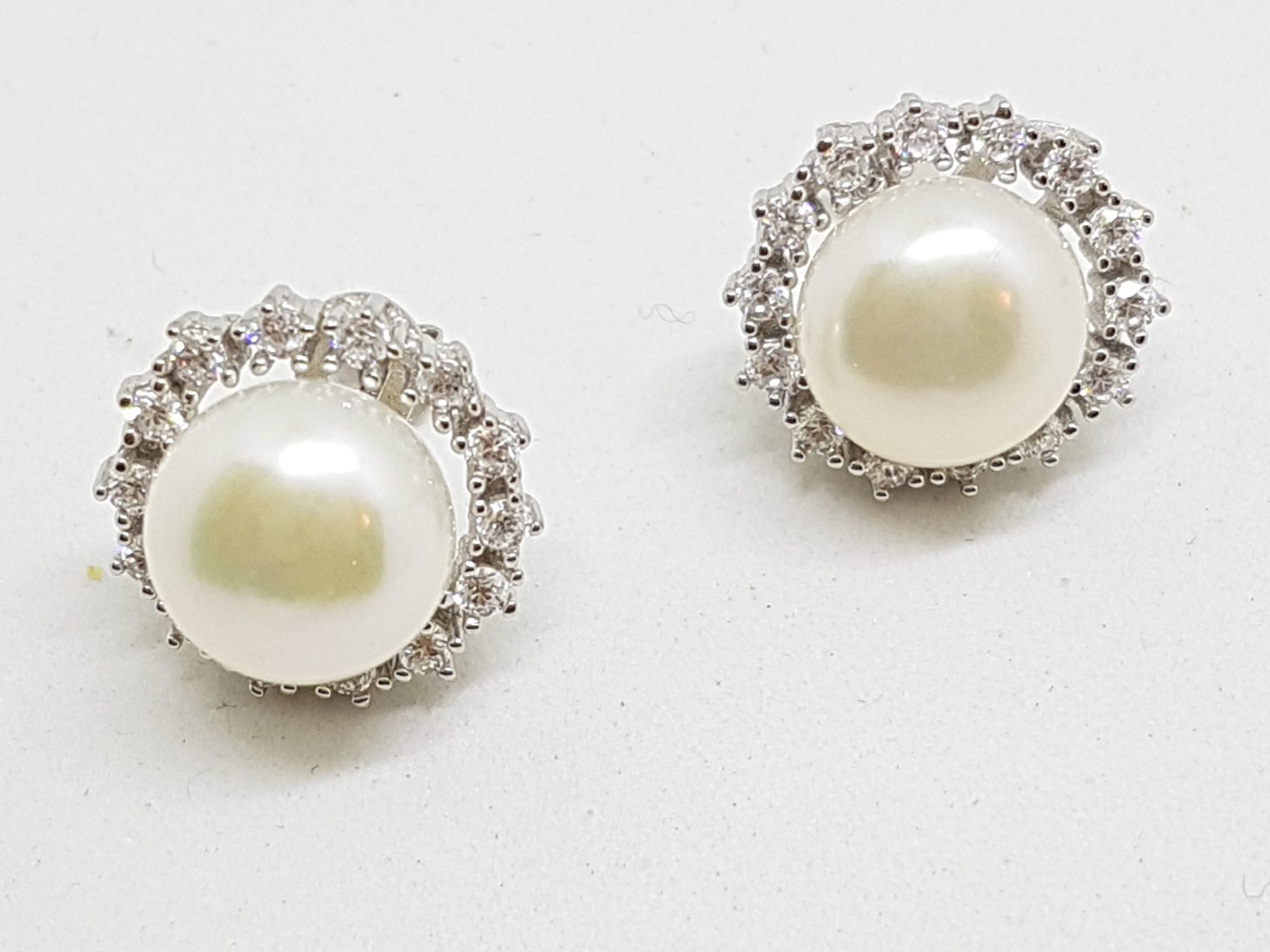Sterling Silver Round Cluster Pearl and Cubic Zirconia Stud Earrings