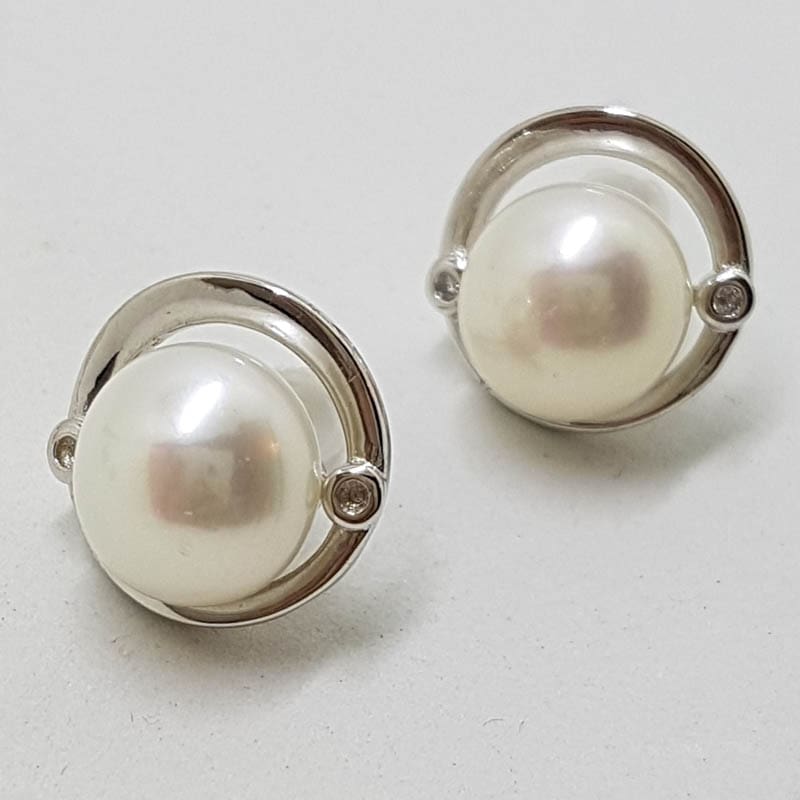 20200809_125124 Sterling Silver Round Pearl and Cubic Zirconia Stud Earrings