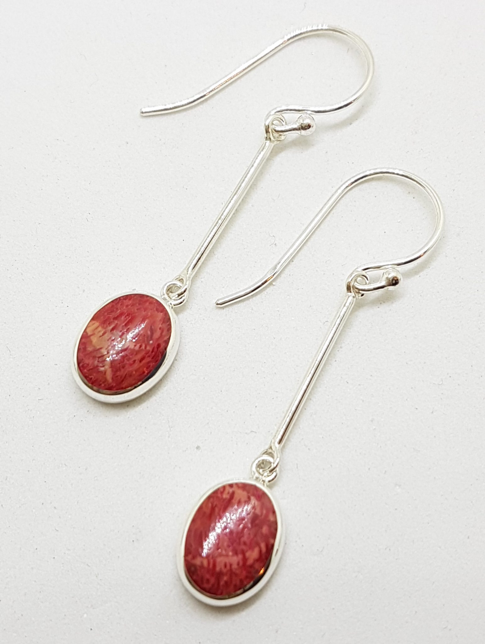 Sterling Silver Oval Coral Long Drop Earrings